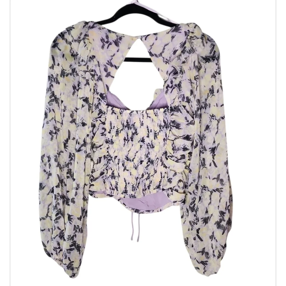 New With Tags Free People Mabel Printed Blouse Long Sleeve Lilac Combo Top XS